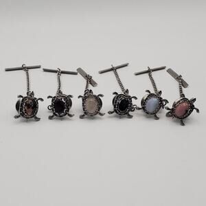 (6) Silver Tone Stone Cabochon Turtle Tortoise Shaped Tie Tack Chain 1-1/2" Vtg